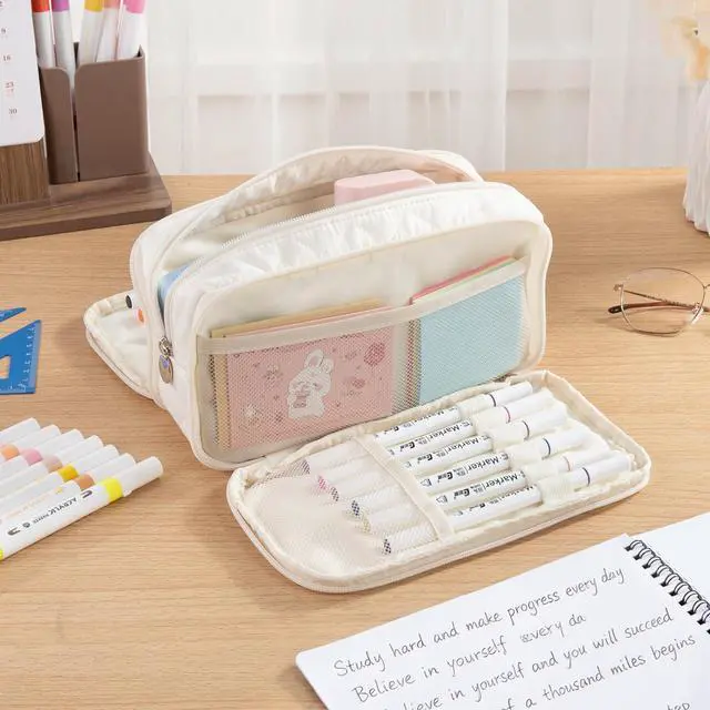 Alt view image 5 of 7 - Cute Pencil Case for Girls kids Soft Quilted Pencil Pouch Bag Organizer | With 3 Compartments,Big Capacity Marker Crayon Storage Bag Large Double Zipper Art Bag For Kids School College Boys Women