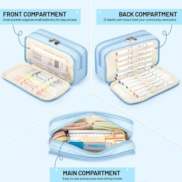 Alt view image 6 of 7 - Cute Pencil Case for Girls kids Soft Quilted Pencil Pouch Bag Organizer | With 3 Compartments,Big Capacity Marker Crayon Storage Bag Large Double Zipper Art Bag For Kids School College Boys Women