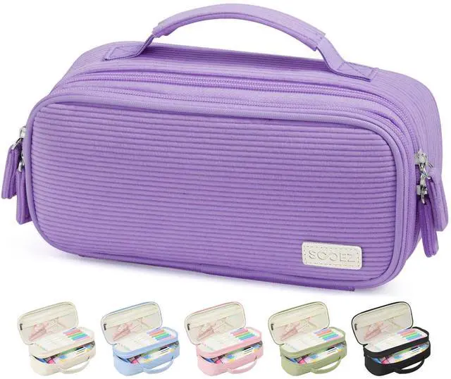 Main image of Large Pencil Case Pouch, Soft Corduroy Pencil Bag with Handle | Cute Pen Case, 5 Compartments, Wide Opening Pen Pouch Organizer with Zipper, Aesthetic School Supplies for Girls, Purple