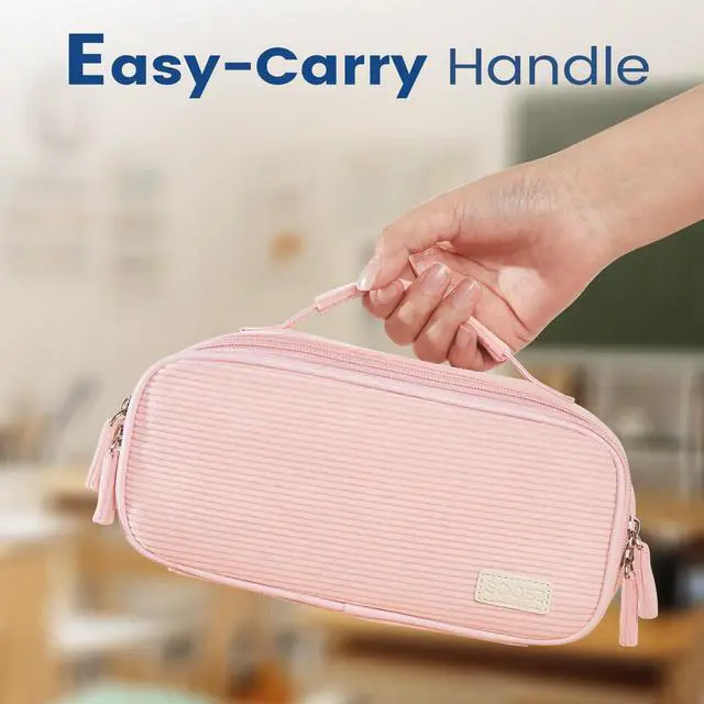 Alt view image 6 of 7 - Large Pencil Case Pouch, Soft Corduroy Pencil Bag with Handle | Cute Pen Case, 5 Compartments, Wide Opening Pen Pouch Organizer with Zipper, Aesthetic School Supplies for Girls, Purple