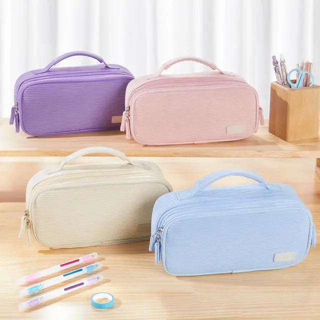Alt view image 7 of 7 - Large Pencil Case Pouch, Soft Corduroy Pencil Bag with Handle | Cute Pen Case, 5 Compartments, Wide Opening Pen Pouch Organizer with Zipper, Aesthetic School Supplies for Girls, Purple