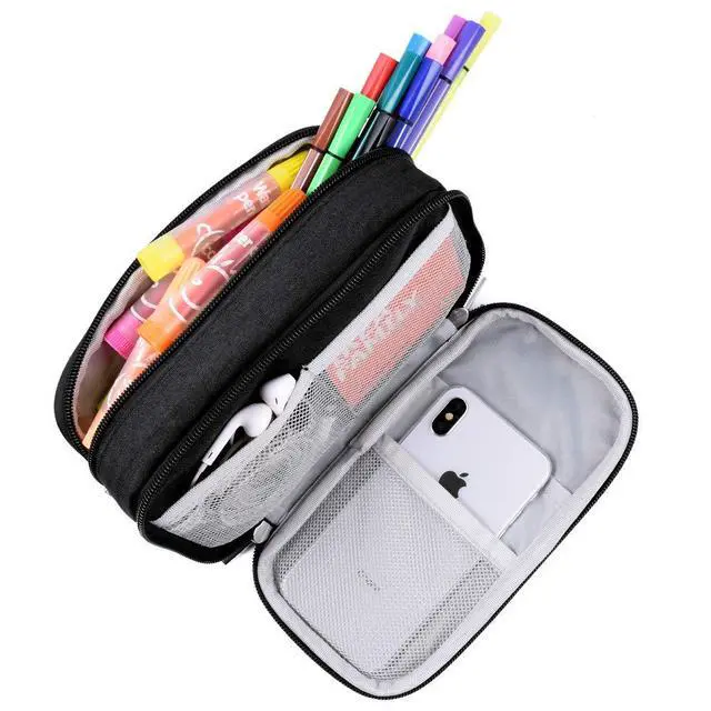 Alt view image 4 of 7 - Large Capacity Pencil Case Big Storage Pencil Bag Pouch 3 Multifunctional Compartment Pen Marker Cases Holder Portable Office Stationery Organizer Supplies Makeup Bag, Black