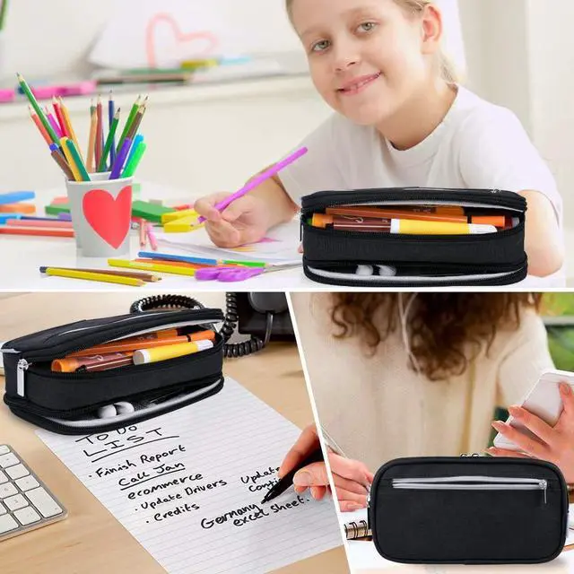 Alt view image 7 of 7 - Large Capacity Pencil Case Big Storage Pencil Bag Pouch 3 Multifunctional Compartment Pen Marker Cases Holder Portable Office Stationery Organizer Supplies Makeup Bag, Black