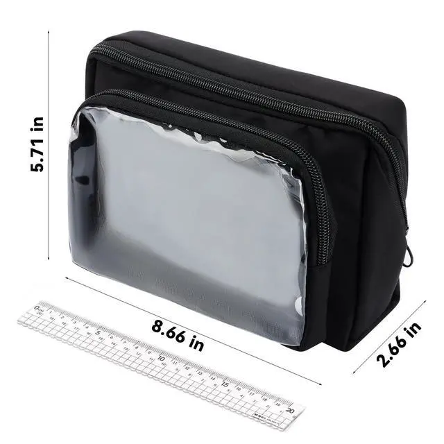Alt view image 3 of 5 - Pencil Case - Removable Clear Large Capacity Aesthetic Pencil Pouch with Sturdy Zipper, Canvas Stationery Organizer Pen Pouch with Compartments for College, office, Travel(Black)