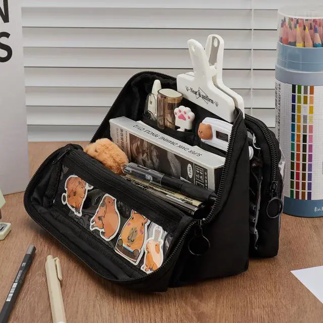 Alt view image 5 of 5 - Pencil Case - Removable Clear Large Capacity Aesthetic Pencil Pouch with Sturdy Zipper, Canvas Stationery Organizer Pen Pouch with Compartments for College, office, Travel(Black)