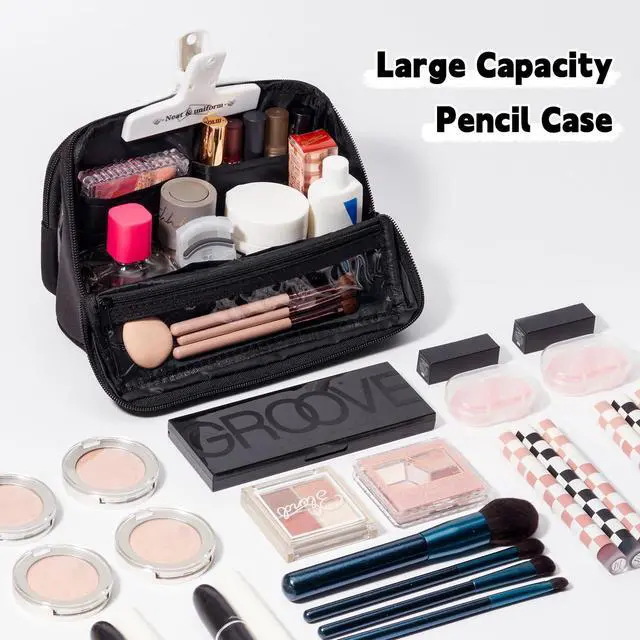 Alt view image 2 of 5 - Pencil Case - Removable Clear Large Capacity Aesthetic Pencil Pouch with Sturdy Zipper, Canvas Stationery Organizer Pen Pouch with Compartments for College, office, Travel(Black)