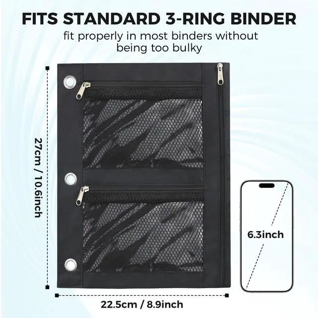 Alt view image 2 of 7 - Large Pencil Pouch for 3 Ring Binder, Zipper Pockets Pen Case, 600D Oxford Fabric Large Capacity Pencil Case for Students Teachers Office, Back to School Supplies (Black)