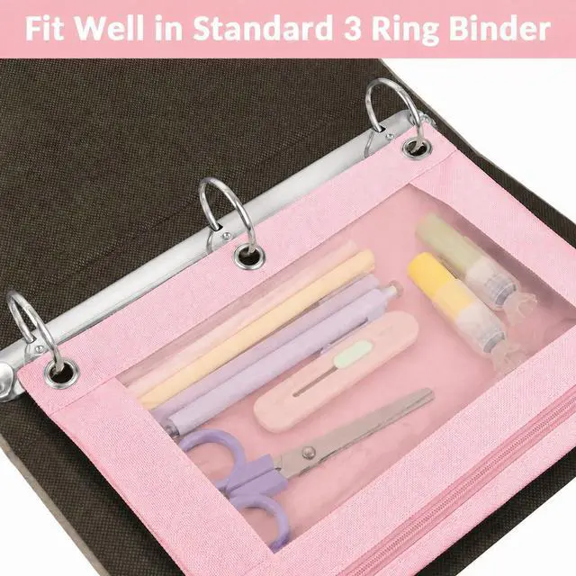 Alt view image 2 of 7 - Pencil Pouch for 3 Ring Binder, 2 Pack Binder Pencil Pouch with Clear Window Pencil Bags with Zipper & Reinforced Grommets, Pencil Case for Binder Pink&Purple