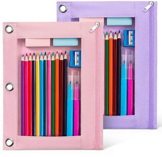 Main image of Pencil Pouch for 3 Ring Binder, 2 Pack Binder Pencil Pouch with Clear Window Pencil Bags with Zipper & Reinforced Grommets, Pencil Case for Binder Pink&Purple