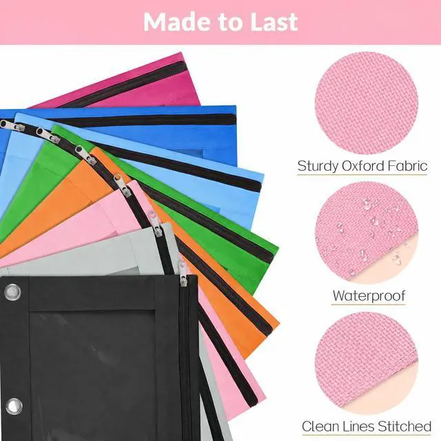 Alt view image 5 of 7 - Pencil Pouch for 3 Ring Binder, 2 Pack Binder Pencil Pouch with Clear Window Pencil Bags with Zipper & Reinforced Grommets, Pencil Case for Binder Pink&Purple