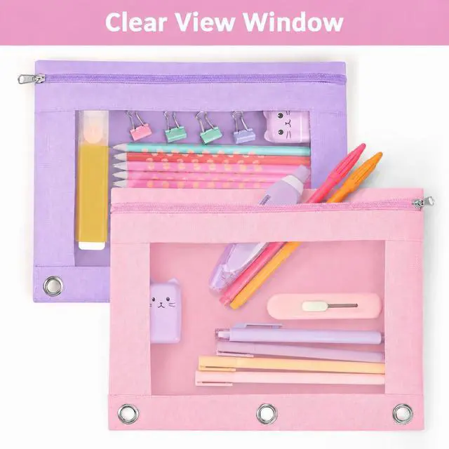 Alt view image 6 of 7 - Pencil Pouch for 3 Ring Binder, 2 Pack Binder Pencil Pouch with Clear Window Pencil Bags with Zipper & Reinforced Grommets, Pencil Case for Binder Pink&Purple