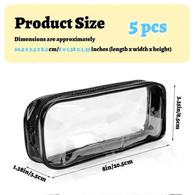 Alt view image 2 of 7 - 5 Pack Clear PVC Zipper Pencil Pouches, 8x1.4x3.4in | Clear Pvc Zipper Pouches, 8X1.4X3.4In Transparent Pencil Case For Markers Makeup Brushes Travel Purse