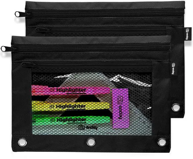 Main image of 2 Pack Black Pencil Pouch for 3 Ring Binder, 2 Compartment Zippered Pencil Case, 9.5' x 7'