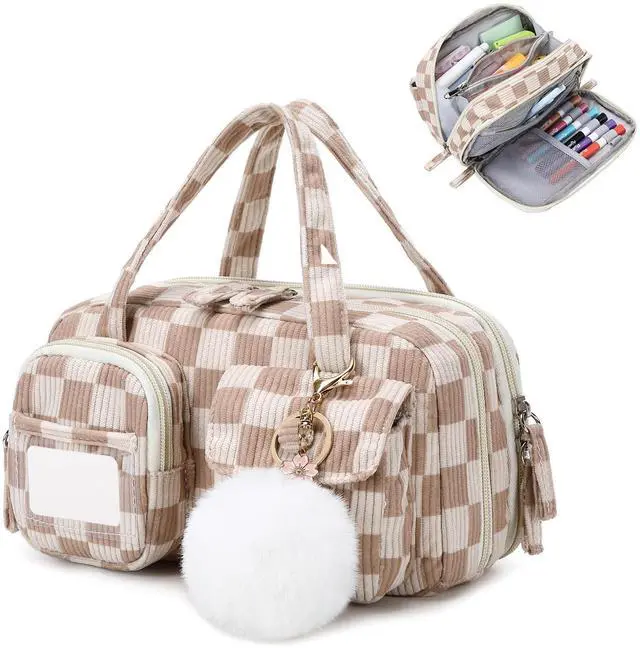 Main image of Pencil Case Corduroy Multiple Compartments Pouch Bag for Girl, Khaki