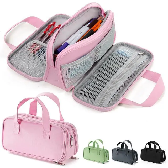 Main image of Large Pencil Case, Big Capacity Pencil Pouch Pen Bag with 3 Compartment, Portable Canvas Stationery Organizer with Zipper, Cute Aesthetic School Supplies for Teen Girls Boys College,Pink