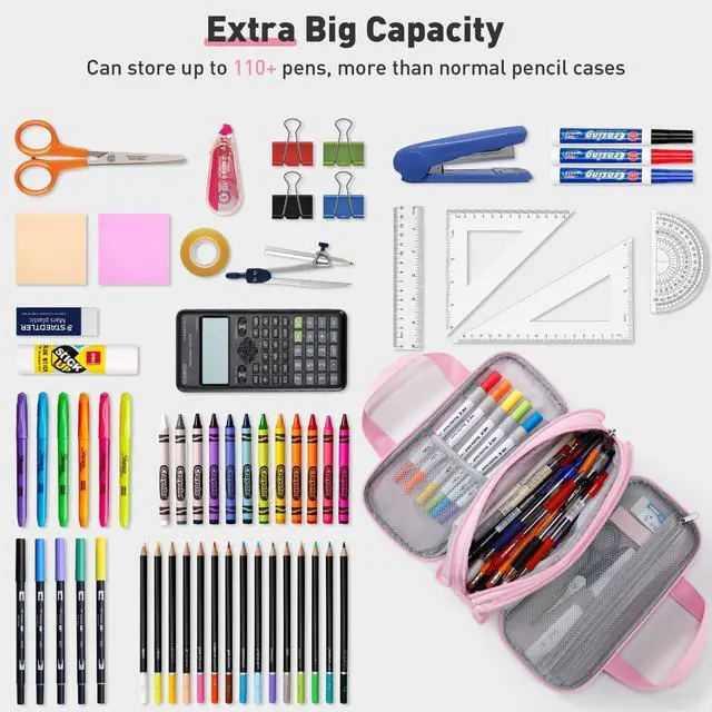 Alt view image 2 of 7 - Large Pencil Case, Big Capacity Pencil Pouch Pen Bag with 3 Compartment, Portable Canvas Stationery Organizer with Zipper, Cute Aesthetic School Supplies for Teen Girls Boys College,Pink