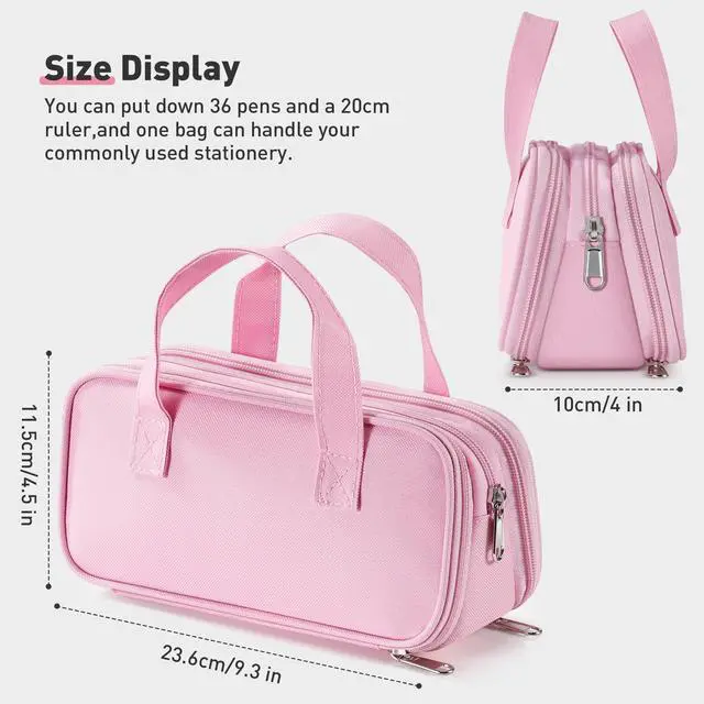 Alt view image 3 of 7 - Large Pencil Case, Big Capacity Pencil Pouch Pen Bag with 3 Compartment, Portable Canvas Stationery Organizer with Zipper, Cute Aesthetic School Supplies for Teen Girls Boys College,Pink