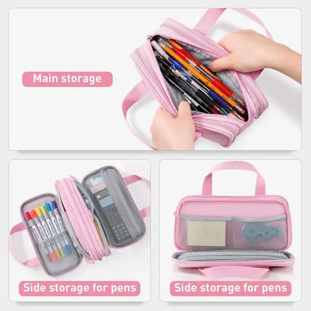 Alt view image 4 of 7 - Large Pencil Case, Big Capacity Pencil Pouch Pen Bag with 3 Compartment, Portable Canvas Stationery Organizer with Zipper, Cute Aesthetic School Supplies for Teen Girls Boys College,Pink
