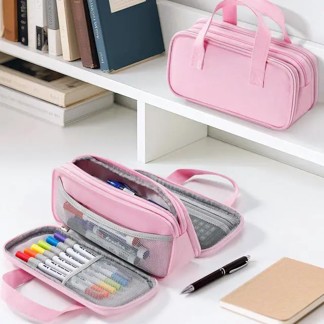Alt view image 7 of 7 - Large Pencil Case, Big Capacity Pencil Pouch Pen Bag with 3 Compartment, Portable Canvas Stationery Organizer with Zipper, Cute Aesthetic School Supplies for Teen Girls Boys College,Pink
