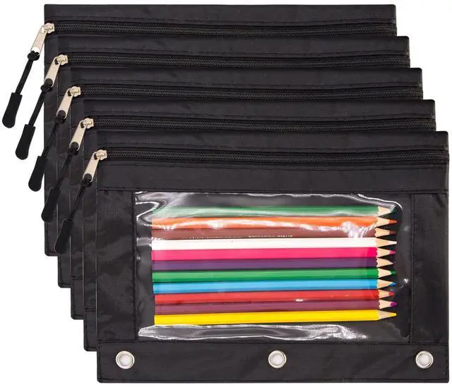 Main image of Pencil Pouch for 3 Ring Binder, Large Pencil Case with Clear Window, Metal Zipper Binder Pencil Pouches Fit Standard Binders, Durable Organizer for Office School Supplies Black 5 Pack