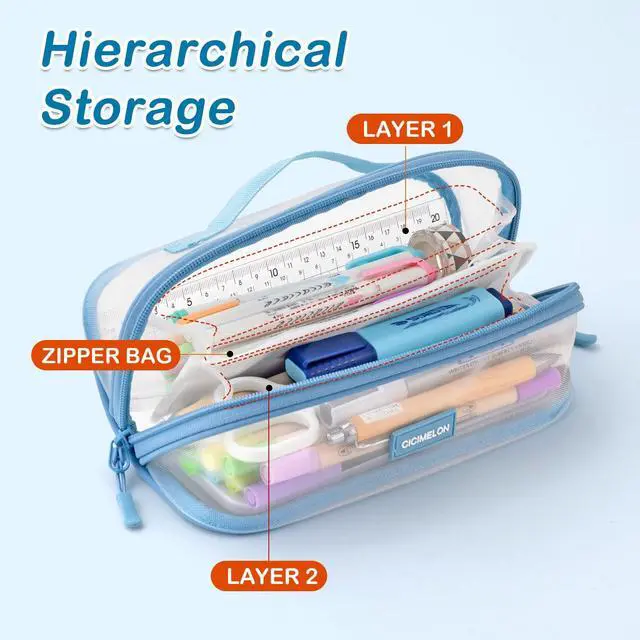 Alt view image 2 of 6 - Transparent Mesh Pencil Pouch with Handle Big Case Clear Pen Bag College Essentials School Supplies, Light Blue