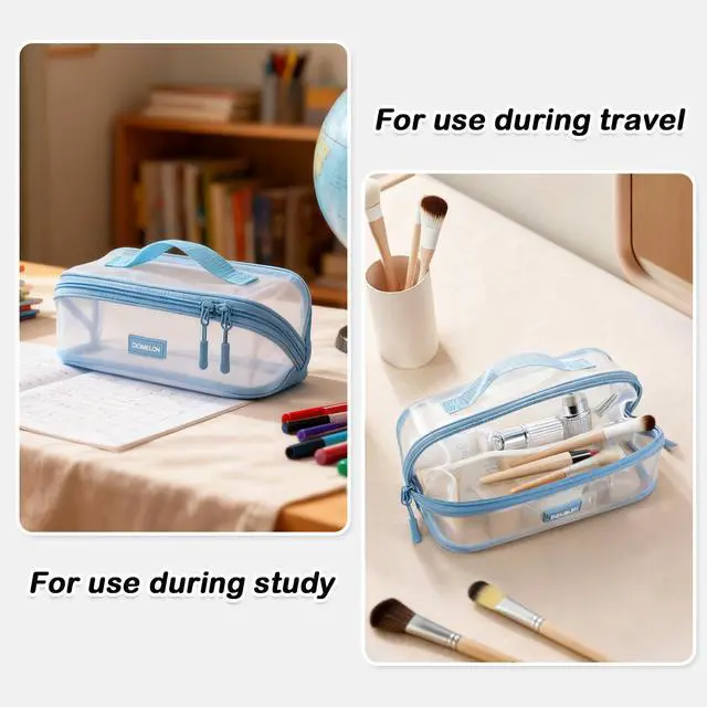 Alt view image 3 of 6 - Transparent Mesh Pencil Pouch with Handle Big Case Clear Pen Bag College Essentials School Supplies, Light Blue