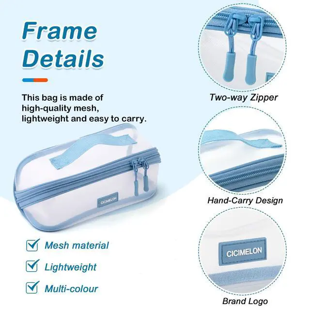 Alt view image 4 of 6 - Transparent Mesh Pencil Pouch with Handle Big Case Clear Pen Bag College Essentials School Supplies, Light Blue