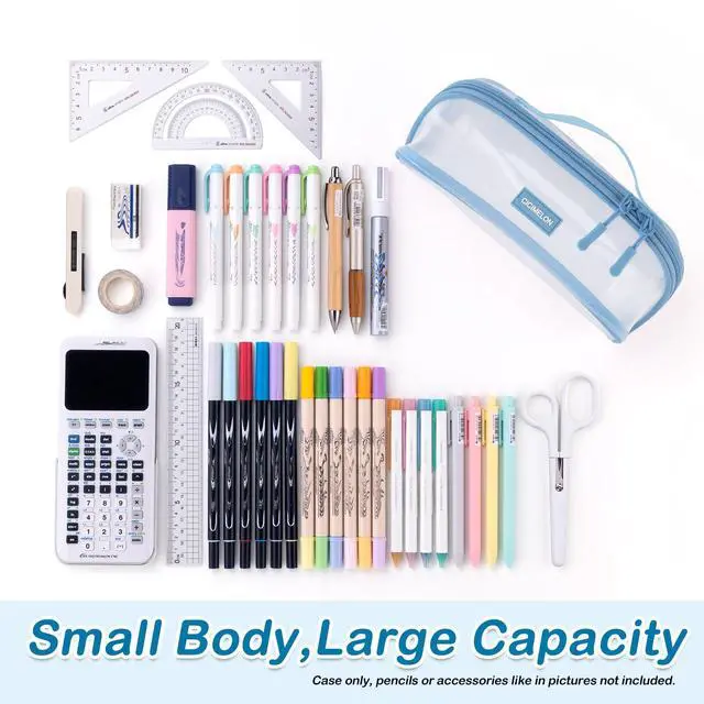 Alt view image 6 of 6 - Transparent Mesh Pencil Pouch with Handle Big Case Clear Pen Bag College Essentials School Supplies, Light Blue