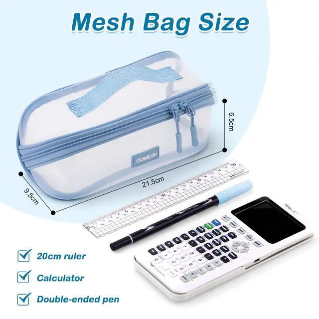 Alt view image 5 of 6 - Transparent Mesh Pencil Pouch with Handle Big Case Clear Pen Bag College Essentials School Supplies, Light Blue