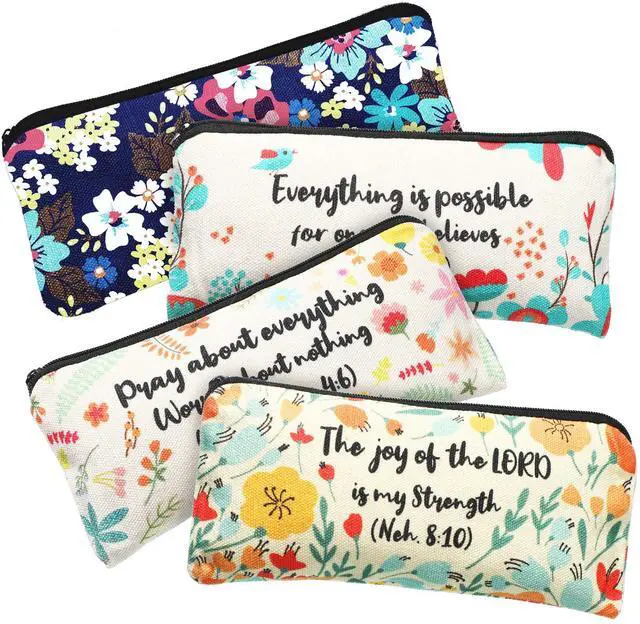 Main image of 4 Pcs Bible Verse Pencil Pouch,7.8 x 3.8 Inch,Bible Verse Pattern | Canvas Zipper Cosmetic Bags with Inspirational Scripture Quotes, Floral Designs for Students Office Journaling Supplies