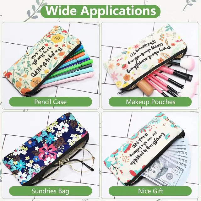 Alt view image 3 of 7 - 4 Pcs Bible Verse Pencil Pouch,7.8 x 3.8 Inch,Bible Verse Pattern | Canvas Zipper Cosmetic Bags with Inspirational Scripture Quotes, Floral Designs for Students Office Journaling Supplies