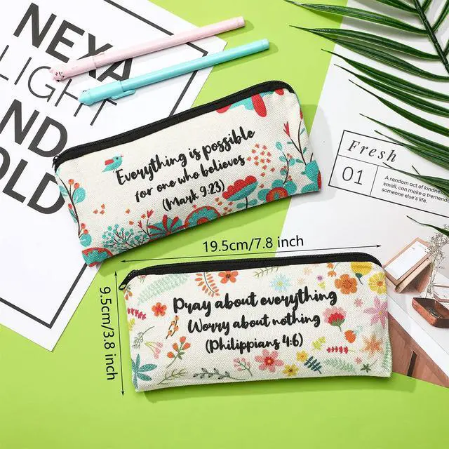 Alt view image 2 of 7 - 4 Pcs Bible Verse Pencil Pouch,7.8 x 3.8 Inch,Bible Verse Pattern | Canvas Zipper Cosmetic Bags with Inspirational Scripture Quotes, Floral Designs for Students Office Journaling Supplies