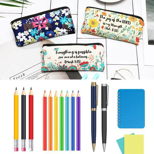 Alt view image 4 of 7 - 4 Pcs Bible Verse Pencil Pouch,7.8 x 3.8 Inch,Bible Verse Pattern | Canvas Zipper Cosmetic Bags with Inspirational Scripture Quotes, Floral Designs for Students Office Journaling Supplies