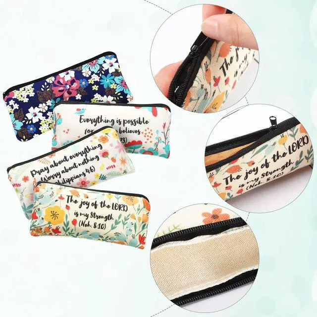 Alt view image 5 of 7 - 4 Pcs Bible Verse Pencil Pouch,7.8 x 3.8 Inch,Bible Verse Pattern | Canvas Zipper Cosmetic Bags with Inspirational Scripture Quotes, Floral Designs for Students Office Journaling Supplies