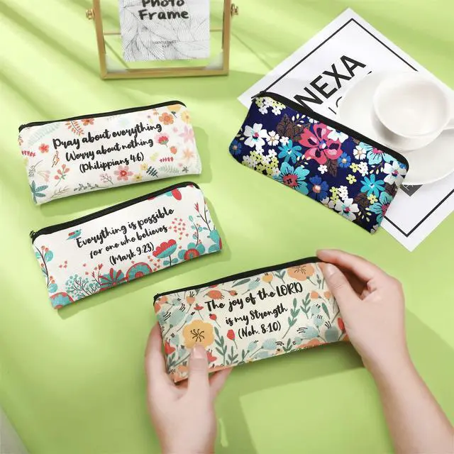 Alt view image 7 of 7 - 4 Pcs Bible Verse Pencil Pouch,7.8 x 3.8 Inch,Bible Verse Pattern | Canvas Zipper Cosmetic Bags with Inspirational Scripture Quotes, Floral Designs for Students Office Journaling Supplies
