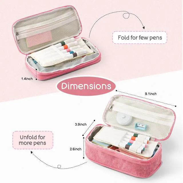 Alt view image 2 of 7 - Large Capacity Pink Pencil Case: Cute Zipper Pouch For Girls & Women. Expandable Preppy Style, Large Storage Organizer For School, Home & Office Supplies