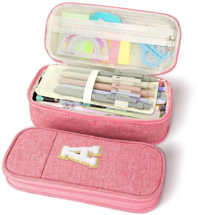 Main image of Large Capacity Pink Pencil Case: Cute Zipper Pouch For Girls & Women. Expandable Preppy Style, Large Storage Organizer For School, Home & Office Supplies
