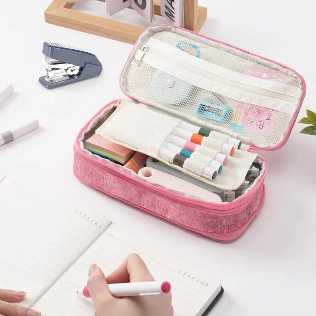 Alt view image 5 of 7 - Large Capacity Pink Pencil Case: Cute Zipper Pouch For Girls & Women. Expandable Preppy Style, Large Storage Organizer For School, Home & Office Supplies