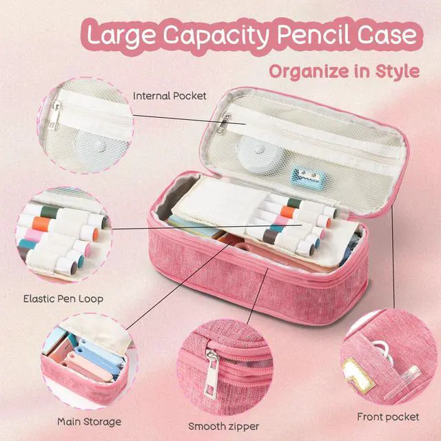Alt view image 4 of 7 - Large Capacity Pink Pencil Case: Cute Zipper Pouch For Girls & Women. Expandable Preppy Style, Large Storage Organizer For School, Home & Office Supplies