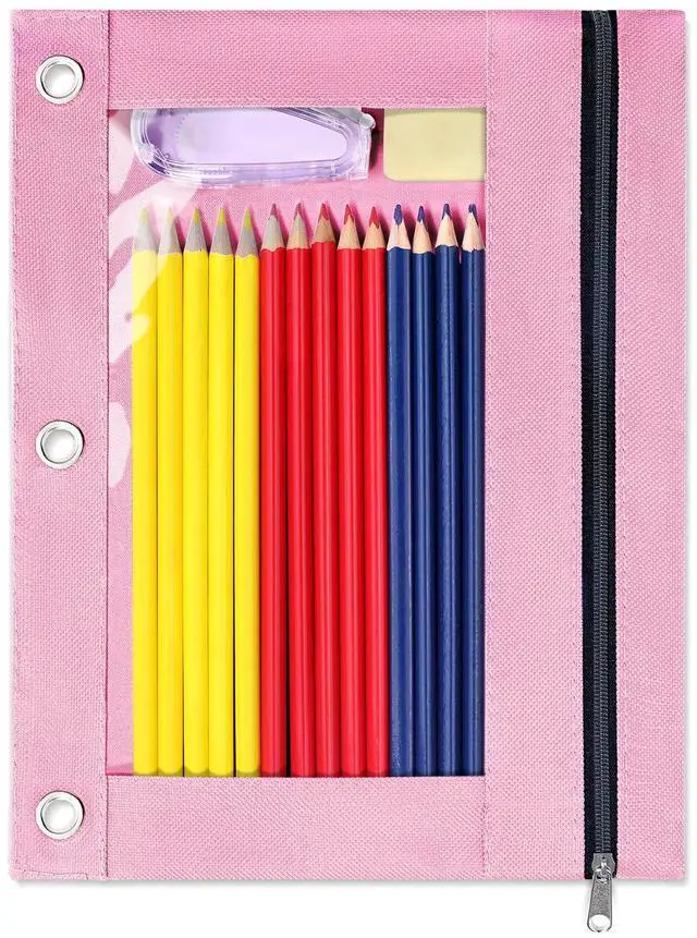 Main image of Pencil Pouch for 3 Ring Binder, Zipper Pencil Pouch with Clear Window, 3 Reinforced Grommets, Binder Accessories for School and Office Supplies Storage, Pink