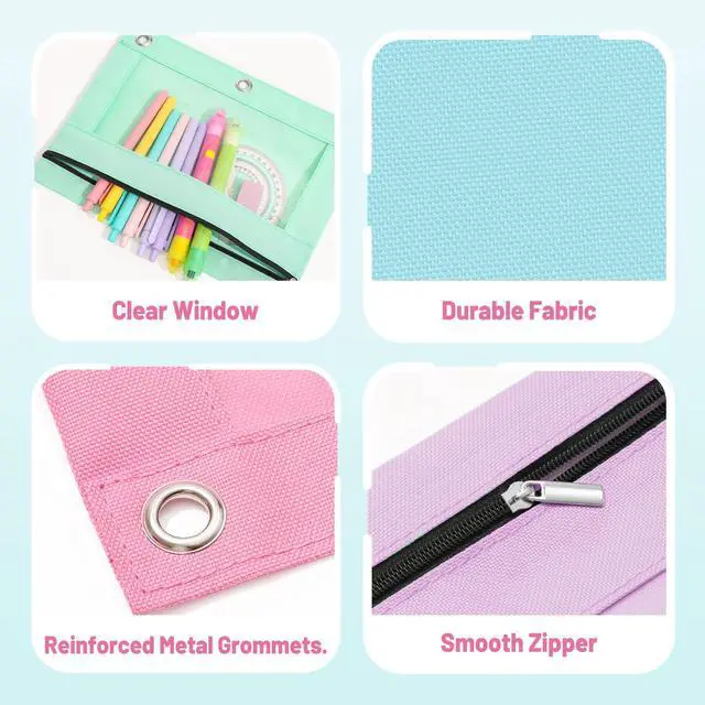 Alt view image 4 of 7 - Pencil Pouch for 3 Ring Binder, Zipper Pencil Pouch with Clear Window, 3 Reinforced Grommets, Binder Accessories for School and Office Supplies Storage, Pink