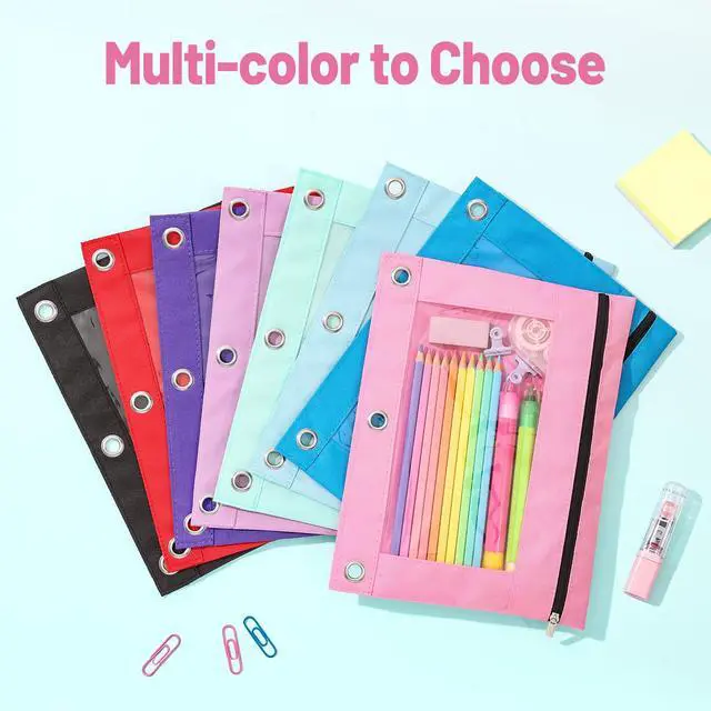 Alt view image 5 of 7 - Pencil Pouch for 3 Ring Binder, Zipper Pencil Pouch with Clear Window, 3 Reinforced Grommets, Binder Accessories for School and Office Supplies Storage, Pink