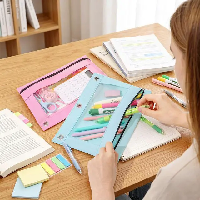 Alt view image 6 of 7 - Pencil Pouch for 3 Ring Binder, Zipper Pencil Pouch with Clear Window, 3 Reinforced Grommets, Binder Accessories for School and Office Supplies Storage, Pink