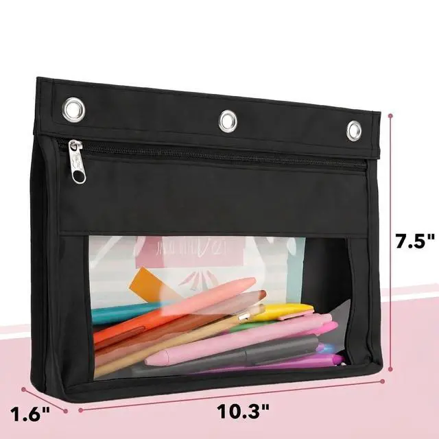 Alt view image 2 of 5 - Expandable Zipper Pencil Pouch for 3 Ring Binder, 2 Pack, Black | 1" Expansion, Large Capacity, Waterproof Binder Pouch with Dual Zippers & Clear Window for School & Office Supplies