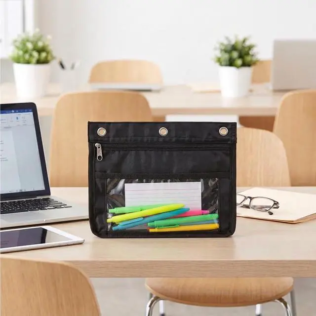 Alt view image 5 of 5 - Expandable Zipper Pencil Pouch for 3 Ring Binder, 2 Pack, Black | 1" Expansion, Large Capacity, Waterproof Binder Pouch with Dual Zippers & Clear Window for School & Office Supplies