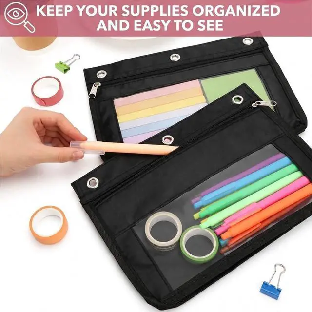 Alt view image 4 of 5 - Expandable Zipper Pencil Pouch for 3 Ring Binder, 2 Pack, Black | 1" Expansion, Large Capacity, Waterproof Binder Pouch with Dual Zippers & Clear Window for School & Office Supplies