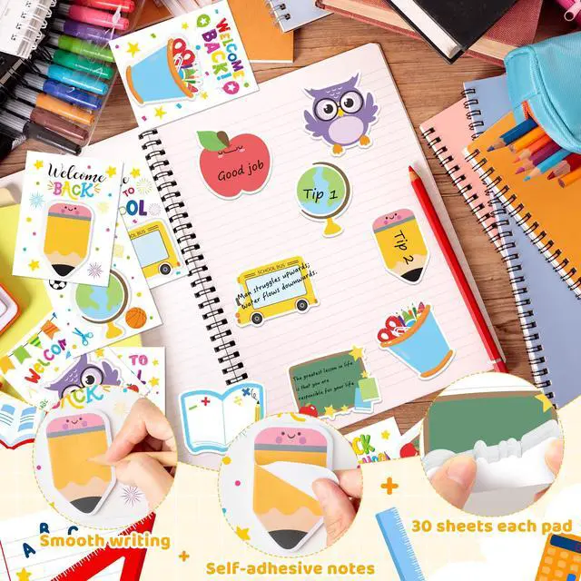 Alt view image 3 of 7 - 24 Pack Back to School Sticky Notes Pads Self-Adhesive Memo Pads | 720 Sheets Pencil Book Blackboard Shaped Sticky Note Pads, Funny Cartoon Page Marker, Classroom Rewards Office Home Supplies