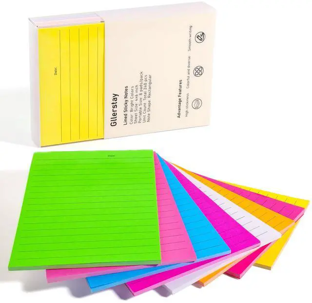 Main image of 8 Pack Large Sticky Note 4x6 in Lined Sticky Notes | Strong Adhesive Sticky Notes, 240 Sheets Bright Color Memo Pads, Removable Self-Stick Notes for Kids, Teachers, Office & Home