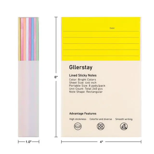 Alt view image 4 of 7 - 8 Pack Large Sticky Note 4x6 in Lined Sticky Notes | Strong Adhesive Sticky Notes, 240 Sheets Bright Color Memo Pads, Removable Self-Stick Notes for Kids, Teachers, Office & Home