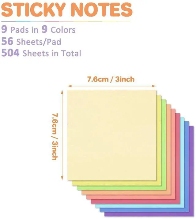 Alt view image 2 of 7 - (9 Pack) Sticky Notes 3x3 Inches Colorful Sticky NotesSuper Sticking Power Bright Colors Self-Stick PadsEasy to Post for School Supplies and Office Products56 Sheets/Pad,504Sheets